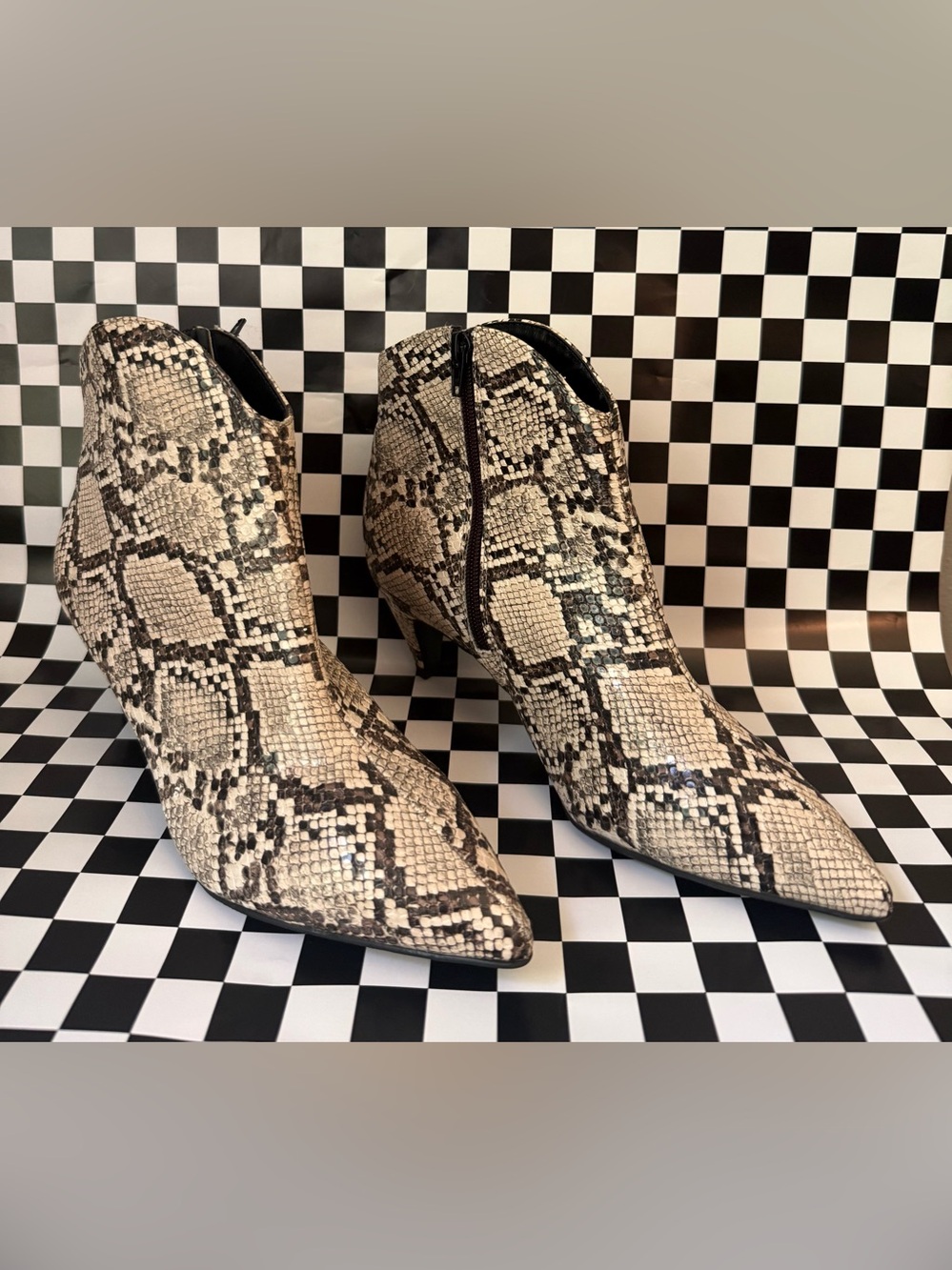 Worthington Snake-Print Pointed Ankle Boots in Beige and Black